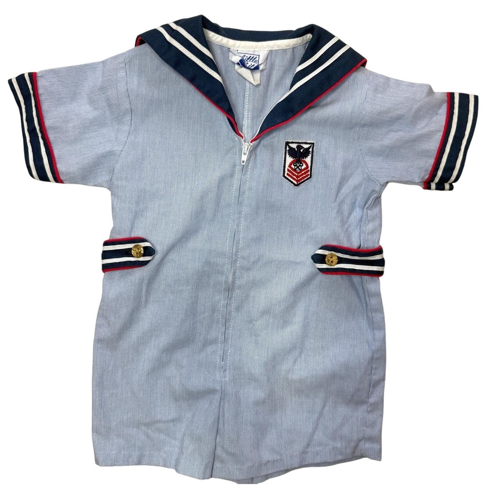 Vintage Kids Sailor Romper 2T Blue Striped Nautical Short Sleeve Jumpsuit